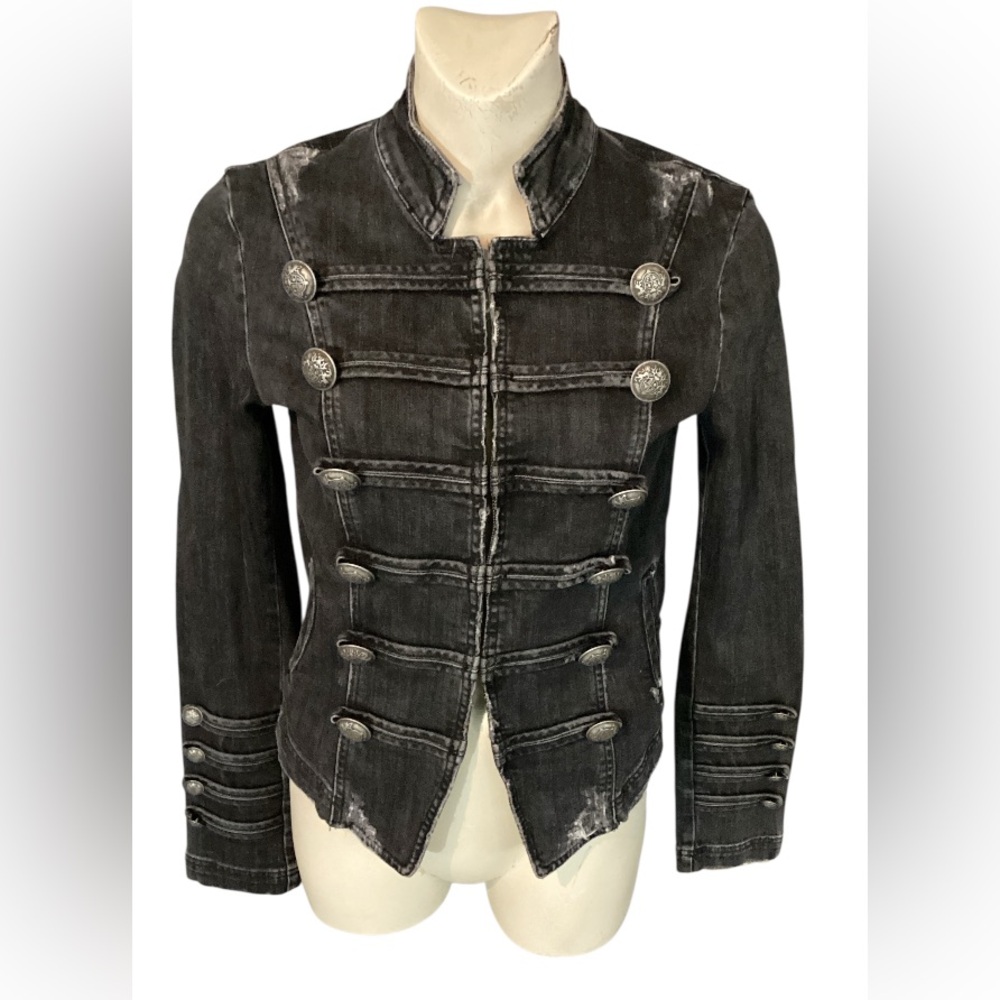 Free People/We The Free Black Military Style Distressed Jean Jacket Sz Small - Picture 10 of 15